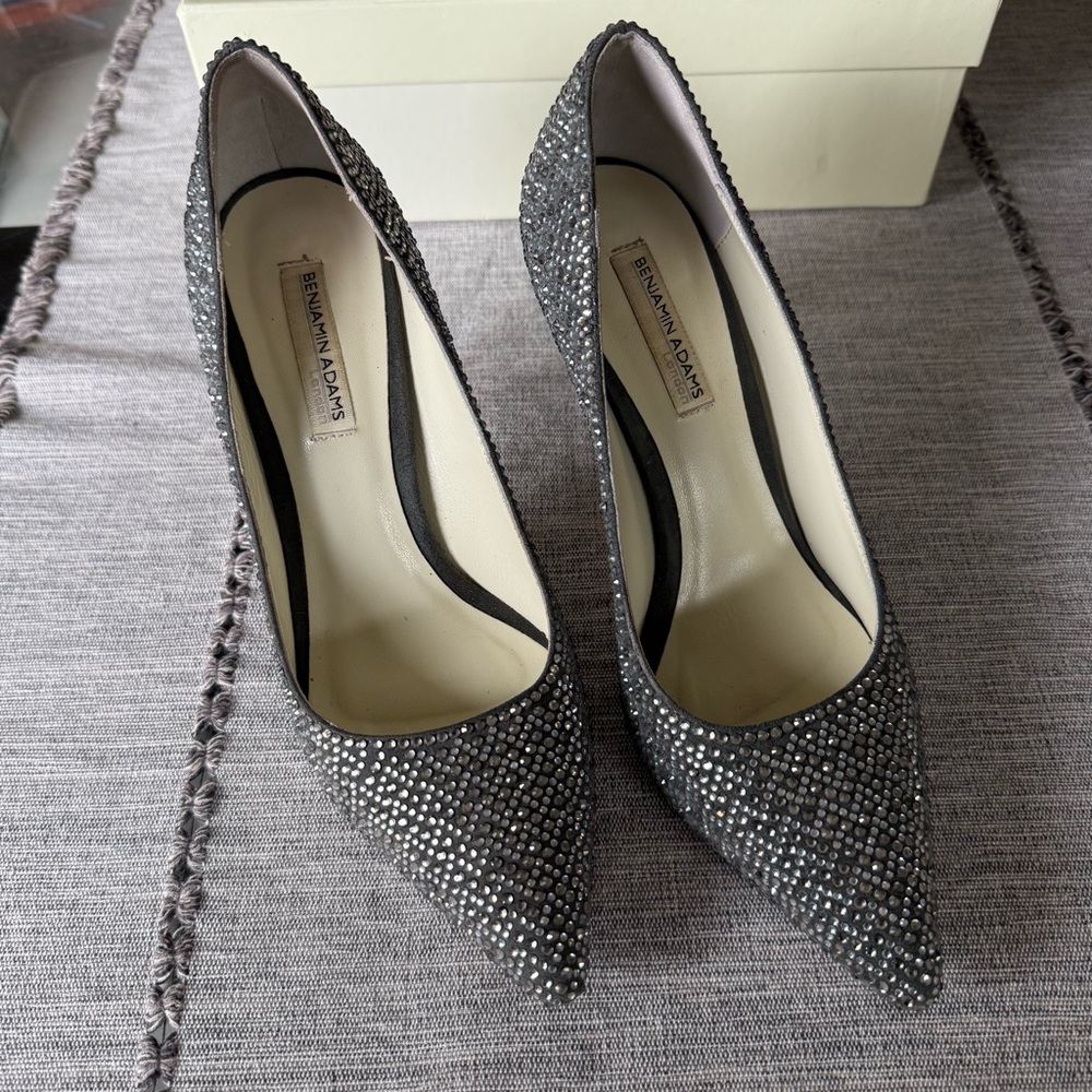 Benjamin Adam’s grey silver rhinestone crystal heels